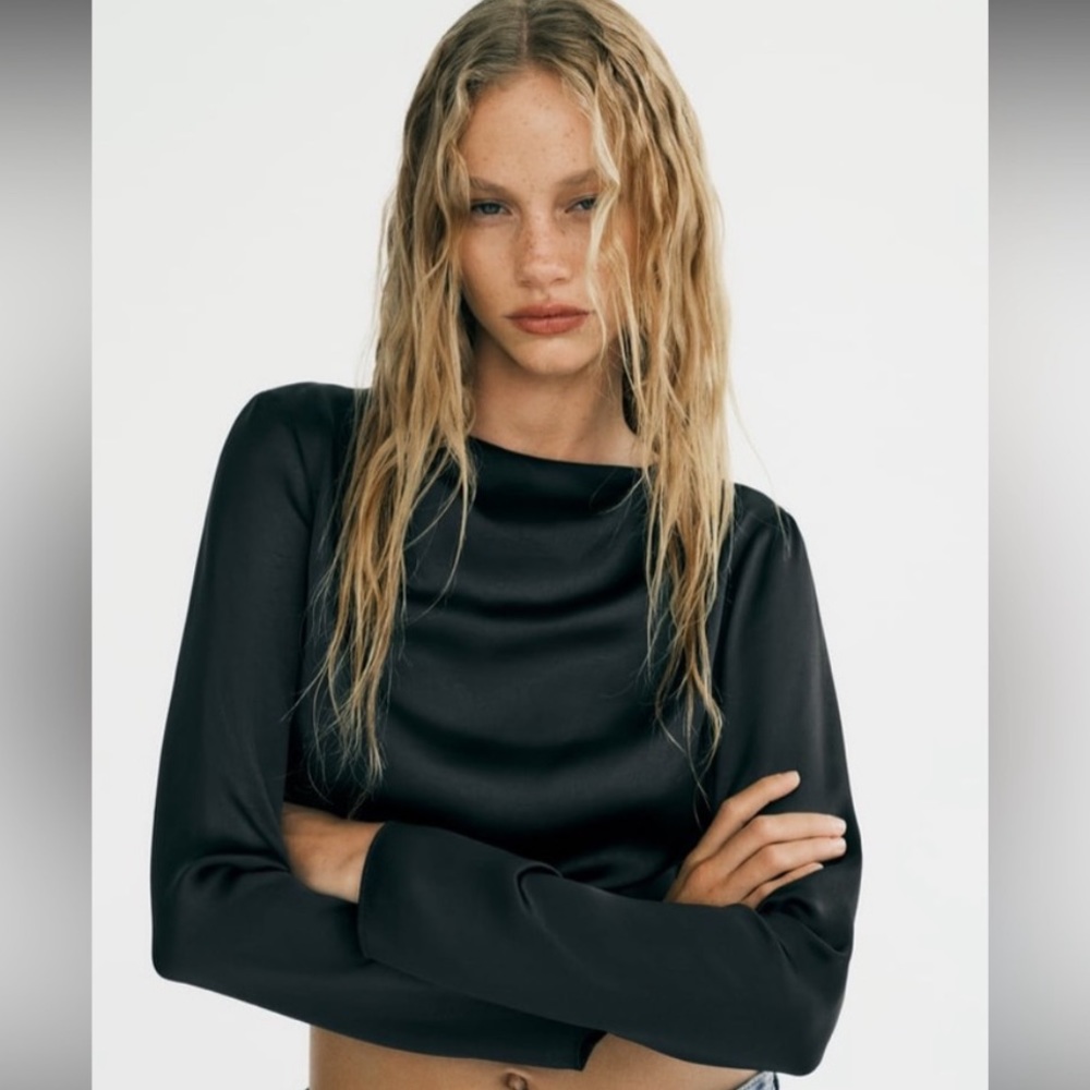 Zara Silk Effect Open Back Long Sleeve Top